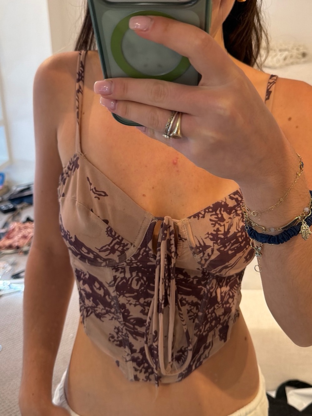 Tie-Front Printed Bustier Crop Top in Beige and Brown